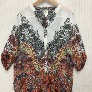 Fig and Flower Paisley Blouse Button Up 3/4 Sleeve Multicolor Women's Size Small